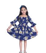 Baby Girl's Blue Flower Desgin Square Neck Polycrepe 3/4 Sleeve Knee Length Dress(WLT-277_1-2 Years)