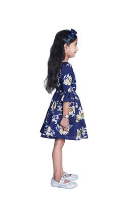 Baby Girl's Blue Flower Desgin Square Neck Polycrepe 3/4 Sleeve Knee Length Dress(WLT-277_1-2 Years) 2