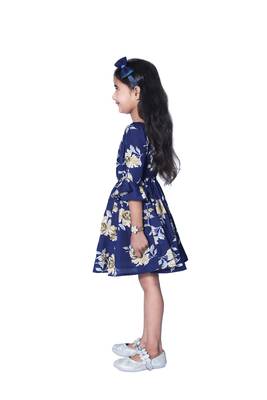 Baby Girl's Blue Flower Desgin Square Neck Polycrepe 3/4 Sleeve Knee Length Dress(WLT-277_1-2 Years) 3