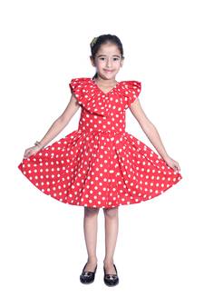 Baby Girl's Red Polka Dot V Neck Polycrepe Sleeveless Knee Length Dress(WLT-278_1-2 Years)