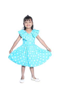 Baby Girl's Sky Blue Polka Dot V Neck Polycrepe Sleeveless Knee Length Dress(WLT-279_1-2 Years)