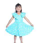 Baby Girl's Sky Blue Polka Dot V Neck Polycrepe Sleeveless Knee Length Dress(WLT-279_1-2 Years)