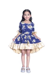 Baby Girl's Blue Flower Desgin Round Neck Back Key Hole Polycrepe 3/4 Sleeve Knee Length Dress(WLT-280_1-2 Years)