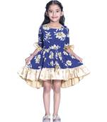 Baby Girl's Blue Flower Desgin Round Neck Back Key Hole Polycrepe 3/4 Sleeve Knee Length Dress(WLT-280_1-2 Years)