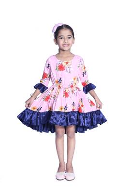 Baby Girl's Pink Flower Desgin Round Neck Back Key Hole Polycrepe 3/4 Sleeve Knee Length Dress(WLT-281_1-2 Years) 1