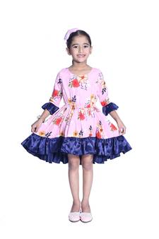 Baby Girl's Pink Flower Desgin Round Neck Back Key Hole Polycrepe 3/4 Sleeve Knee Length Dress(WLT-281_1-2 Years)