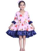 Baby Girl's Pink Flower Desgin Round Neck Back Key Hole Polycrepe 3/4 Sleeve Knee Length Dress(WLT-281_1-2 Years)