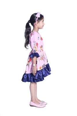 Baby Girl's Pink Flower Desgin Round Neck Back Key Hole Polycrepe 3/4 Sleeve Knee Length Dress(WLT-281_1-2 Years) 2