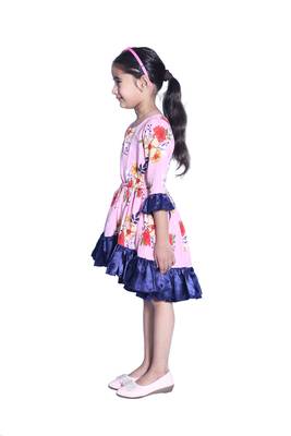 Baby Girl's Pink Flower Desgin Round Neck Back Key Hole Polycrepe 3/4 Sleeve Knee Length Dress(WLT-281_1-2 Years) 3