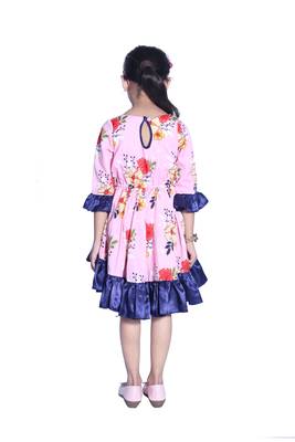 Baby Girl's Pink Flower Desgin Round Neck Back Key Hole Polycrepe 3/4 Sleeve Knee Length Dress(WLT-281_1-2 Years) 4