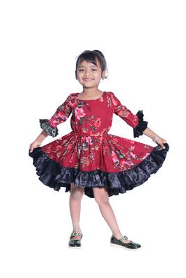 Baby Girl's Maroon Flower Desgin Round Neck Back Key Hole Polycrepe 3/4 Sleeve Knee Length Dress(WLT-282_1-2 Years) 1