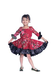 Baby Girl's Maroon Flower Desgin Round Neck Back Key Hole Polycrepe 3/4 Sleeve Knee Length Dress(WLT-282_1-2 Years)