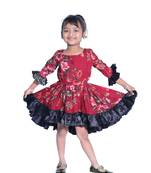 Baby Girl's Maroon Flower Desgin Round Neck Back Key Hole Polycrepe 3/4 Sleeve Knee Length Dress(WLT-282_1-2 Years)