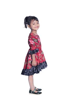 Baby Girl's Maroon Flower Desgin Round Neck Back Key Hole Polycrepe 3/4 Sleeve Knee Length Dress(WLT-282_1-2 Years) 2