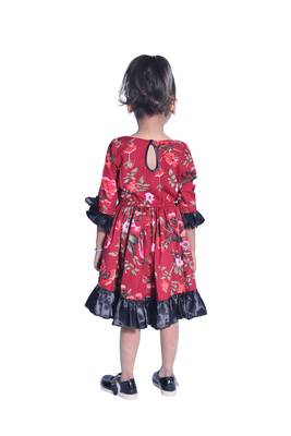 Baby Girl's Maroon Flower Desgin Round Neck Back Key Hole Polycrepe 3/4 Sleeve Knee Length Dress(WLT-282_1-2 Years) 4