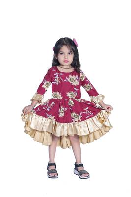 Baby Girl's Maroon Flower Desgin Round Neck Back Key Hole Polycrepe 3/4 Sleeve Knee Length Dress(WLT-284_1-2 Years) 1