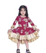 Baby Girl's Maroon Flower Desgin Round Neck Back Key Hole Polycrepe 3/4 Sleeve Knee Length Dress(WLT-284_1-2 Years)