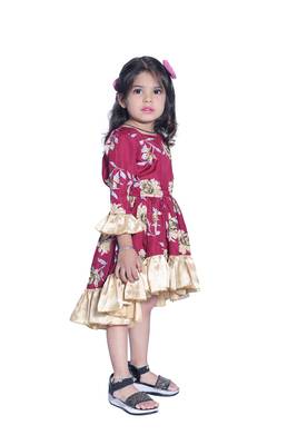 Baby Girl's Maroon Flower Desgin Round Neck Back Key Hole Polycrepe 3/4 Sleeve Knee Length Dress(WLT-284_1-2 Years) 2