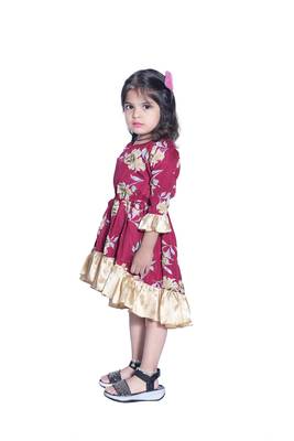 Baby Girl's Maroon Flower Desgin Round Neck Back Key Hole Polycrepe 3/4 Sleeve Knee Length Dress(WLT-284_1-2 Years) 3