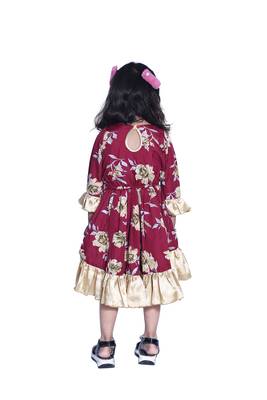 Baby Girl's Maroon Flower Desgin Round Neck Back Key Hole Polycrepe 3/4 Sleeve Knee Length Dress(WLT-284_1-2 Years) 4