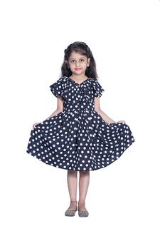 Baby Girl's Black Polka Dot V Neck Polycrepe Sleeveless Knee Length Dress(WLT-285_1-2 Years)