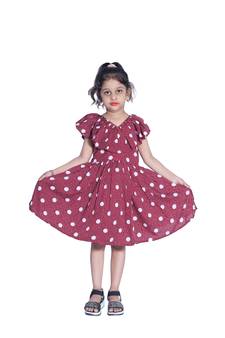 Baby Girl's Maroon Polka Dot V Neck Polycrepe Sleeveless Knee Length Dress(WLT-286_1-2 Years)