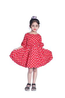Baby Girl's Red Polka Dot Round Neck Back Key Hole Polycrepe Sleeveless Knee Length Dress(WLT-287_1-2 Years)