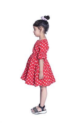 Baby Girl's Red Polka Dot Round Neck Back Key Hole Polycrepe Sleeveless Knee Length Dress(WLT-287_1-2 Years) 2