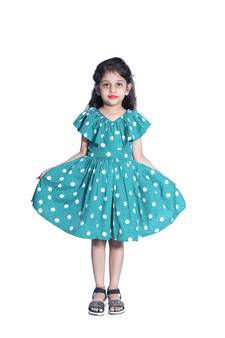 Baby Girl'sGreen Polka Dot V Neck Polycrepe Sleeveless Knee Length Dress(WLT-288_1-2 Years)
