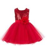 Baby Girl's Round Neck Knee Length Frock Red Dress(WLT-1058_1-2 Years)