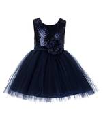 Baby Girl's Round Neck Knee Length Frock Navy Blue Dress(WLT-1059_1-2 Years)