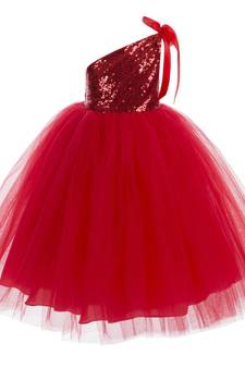 Baby Girl's One Shoulder Neck Maxi Length Frock Red Dress(WLT-1077_1-2 Years)