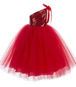 Baby Girl's One Shoulder Neck Maxi Length Frock Red Dress(WLT-1077_1-2 Years)