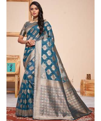 Teal Party Wear Designer Cotton Silk Sarees 1