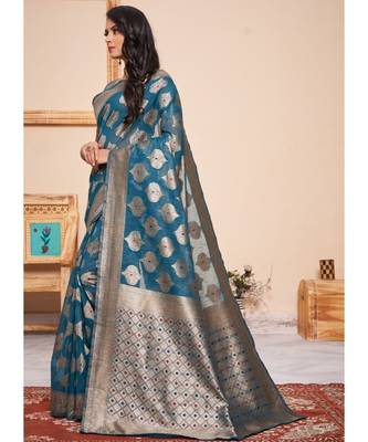 Teal Party Wear Designer Cotton Silk Sarees 2