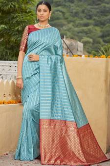 Sky Blue Party Wear Designer Woven Saree Sarees