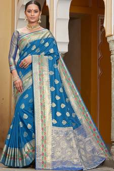 Sky Blue Party Wear Designer Banarasi Silk Sarees