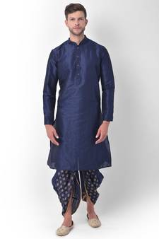 Navy Blue Dupion Silk Solid stitched   Kurta & &    dhoti