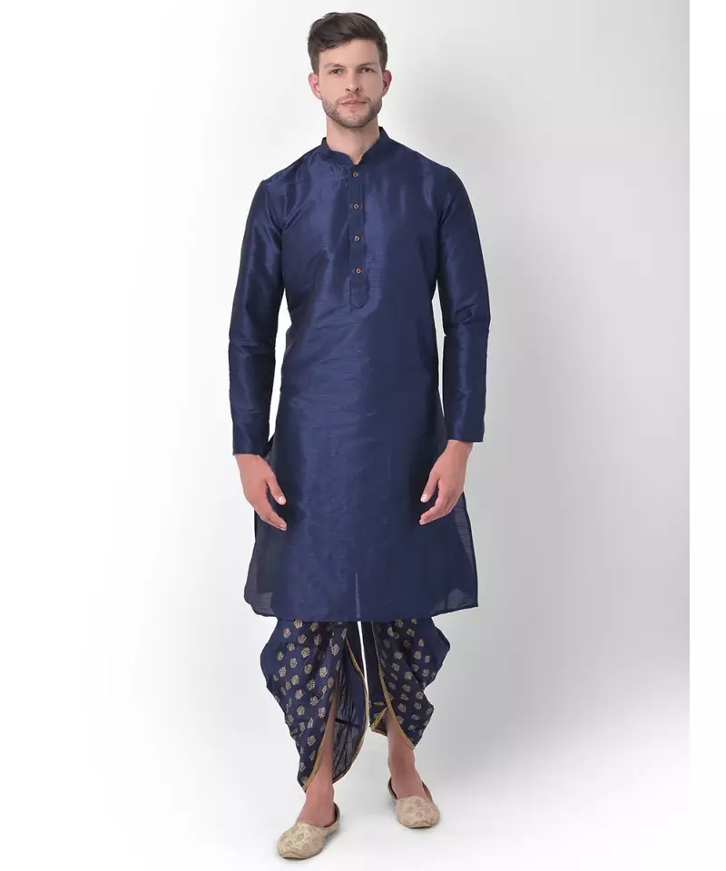 Navy Blue Dupion Silk Solid stitched   Kurta & &    dhoti