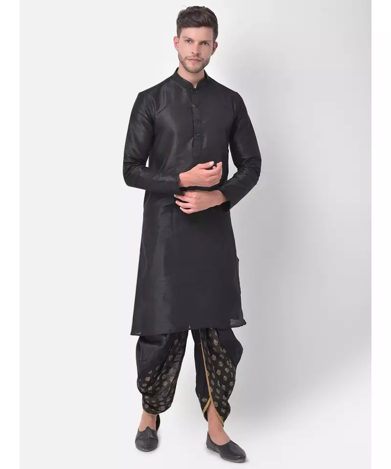 Black Dupion Silk Solid stitched   Kurta & &    dhoti