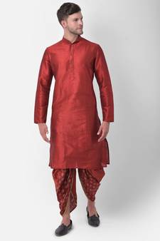 Red Dupion Silk Solid stitched   Kurta & &    dhoti