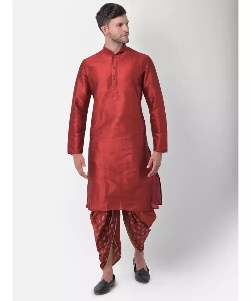 Red Dupion Silk Solid stitched   Kurta & &    dhoti