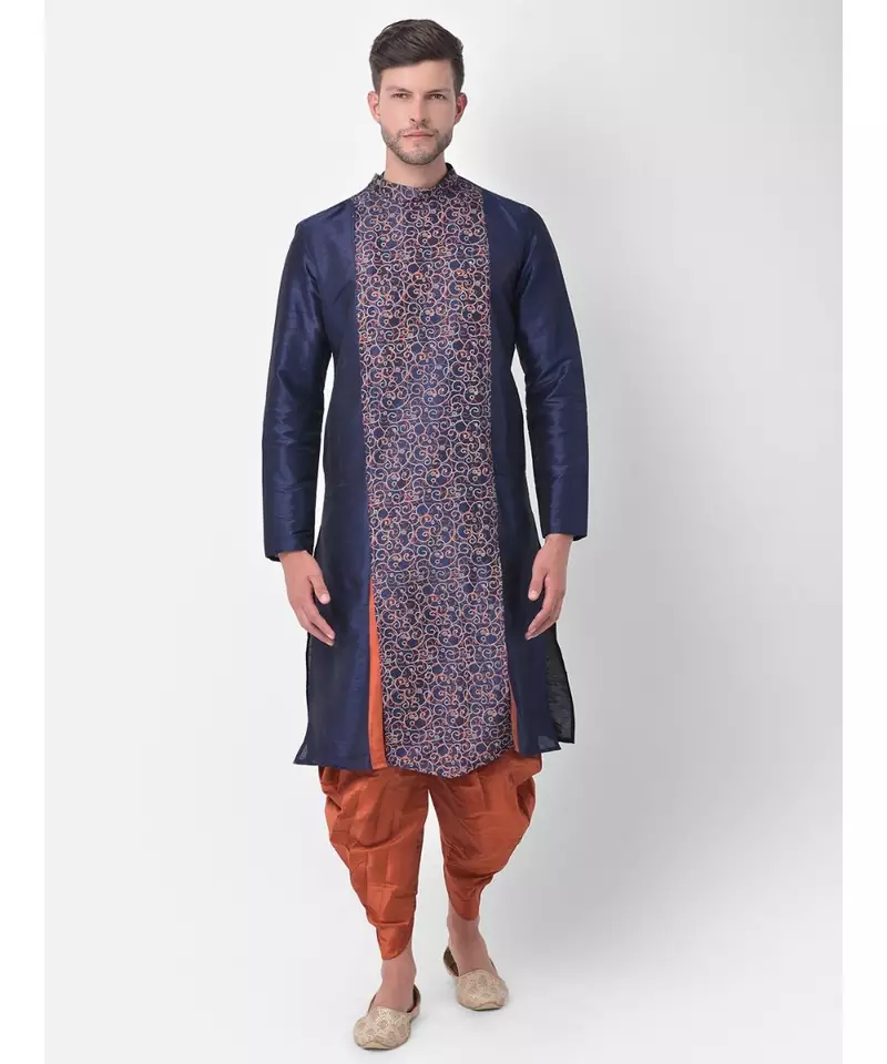 Navy Blue Dupion Silk Printed stitched   Kurta & &    Patiala