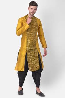 Yellow Dupion Silk Printed stitched   Kurta & &    Patiala