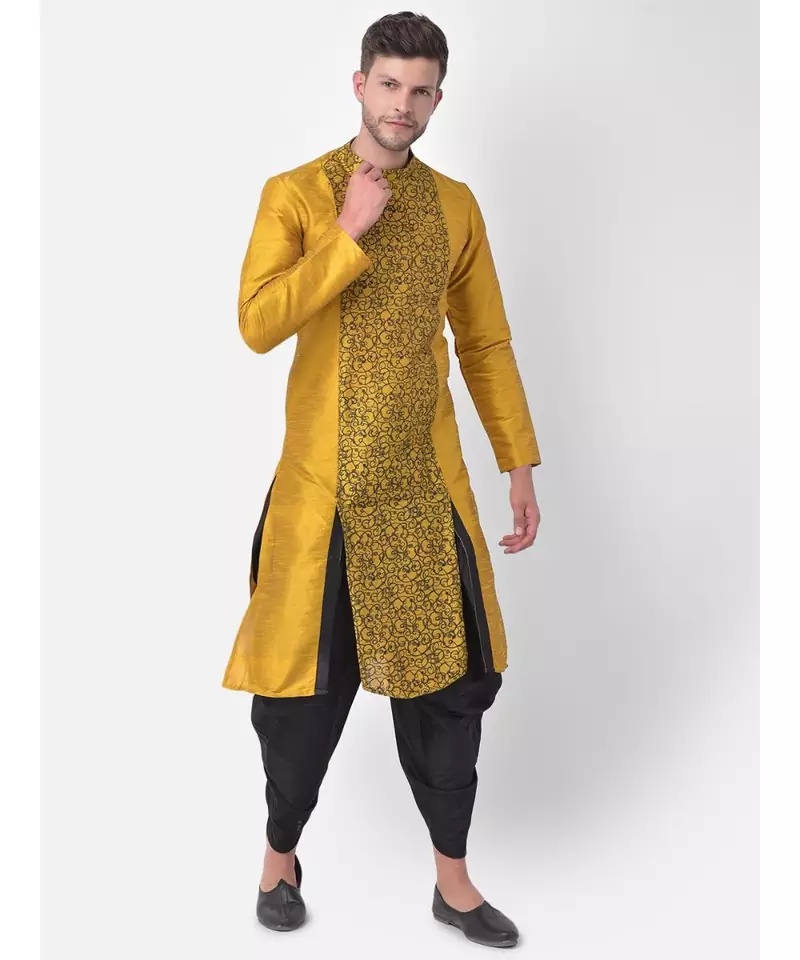 Yellow Dupion Silk Printed stitched   Kurta & &    Patiala