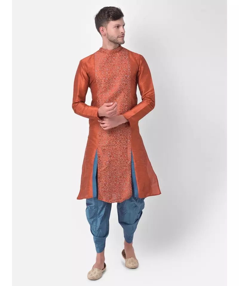 Orange Dupion Silk Printed stitched   Kurta & &    Patiala