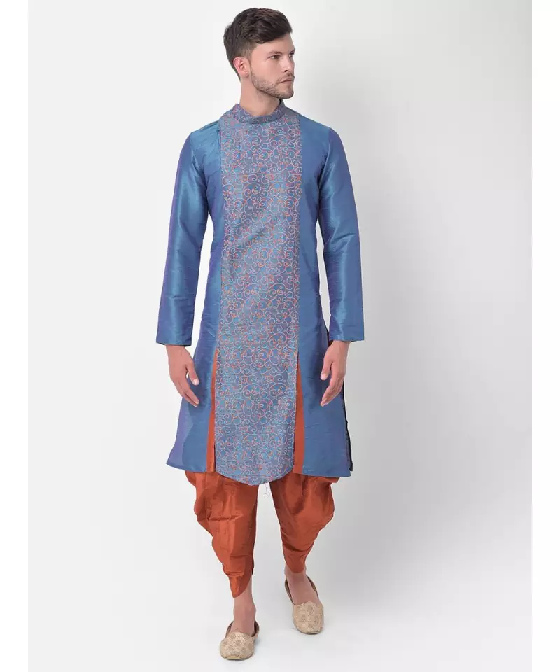 Blue Dupion Silk Printed stitched   Kurta & &    Patiala