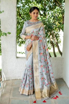 Grey woven linen saree with blouse 1