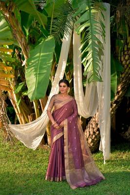 Yellow woven linen saree with blouse 1