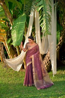 Yellow woven linen saree with blouse 2